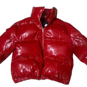 PrettyLittleThing Size 8 Red Glossy Quilted Puffer Jacket Cropped New w flaw